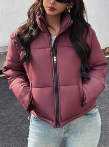 Chiquease Fashionable Minimalist Stand Collar Women Short Padded Padded Coat Clothes Winter For New Year Clothes - Red - View 3