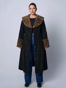 SHEIN EZwear 大码蓬松领棕色外套，秋冬 - 黑色 - 查看 3