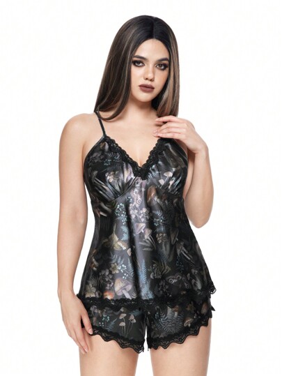 Fairycore Pyjama-Set aus Satin mit Feenpilz- und grünem Pflanzen-Allover-Print, Patchwork-Spitze und Camisole