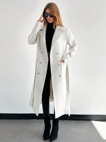 EURMUSE 1pc Women's Solid Color Double-Breasted Pocket Long Sleeve Overcoat, Autumn/Winter - White - View 1