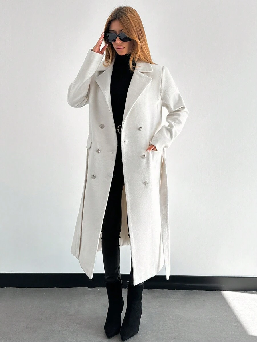 EURMUSE 1pc Women's Solid Color Double-Breasted Pocket Long Sleeve Overcoat, Autumn/Winter - White - View 1