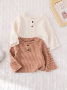 SHEIN 2 chiếc áo len dệt kim cổ tròn tay dài ấm áp kết cấu đơn giản thường ngày cho bé trai/bé gái sơ sinh, đa năng cho cả trong nhà và ngoài trời, mùa thu/đông - Màu Khaki - Xem 4