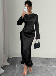 Chiquease Đầm dài xếp ly cổ lông tay loe thanh lịch cho nữ - màu đen - Xem 1