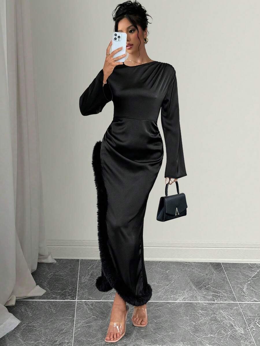 Chiquease Đầm dài xếp ly cổ lông tay loe thanh lịch cho nữ - màu đen - Xem 1