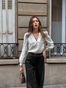 Pariaura Damen einfarbiges minimalistisches V-Ausschnitt Langarm leichtes Hemd, Lässig für Frühling, Herbst und alle Jahreszeiten