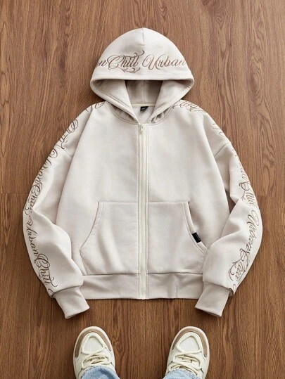 Manfinity Unisex 男士针织休闲宽松版型英文字母刺绣长袖连帽卫衣，年轻复古风，适合送给朋友、丈夫、男友，秋冬季情侣装