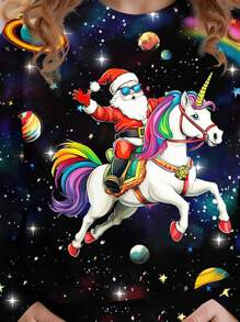 SHEIN Merry And Bright Christmas Sweatshirt With Santa Claus, Unicorn, Space Star Print, Casual Loose Fit Round Neck Comfortable Long Sleeve Hoodie For Tween Girls, Suitable For Autumn/Winter - Multicolor - View 3