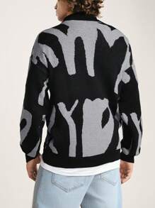 EURMUSE Men Graphic Pattern High Neck Half Zipper Sweater - Dark Grey - View 2