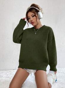 SHEIN Unity 宽松休闲女式纯色落肩长袖毛衣，秋冬针织套头衫