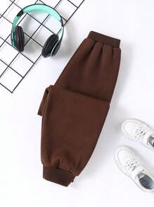 SHEIN Tween 男童休闲厚针织保暖内衬运动裤，温暖舒适，适合休闲穿着 - 咖啡棕 - 查看 2