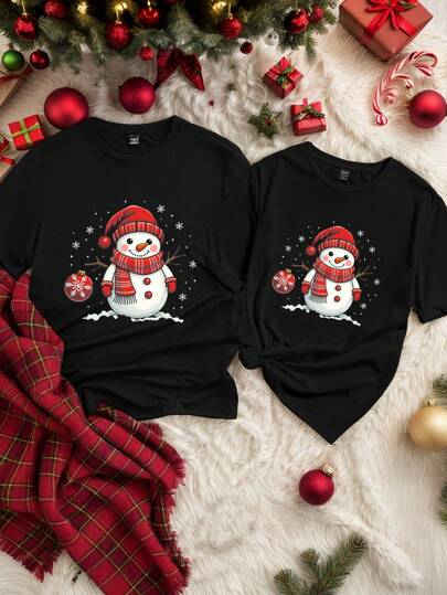 Manfinity Homme 1 Pc Men's Fashionable Casual Christmas Snowman Graphic Couple Matching Black Slim Fit Short Sleeve T-Shirt, Suitable For Couple, Family Coordination