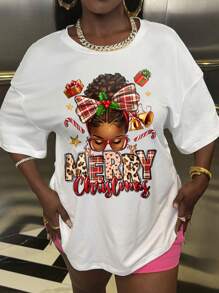 INAWLY Áo thun nữ cổ tròn rộng, vai trễ, in khẩu hiệu và chân dung mừng Giáng sinh - trắng - Xem 5