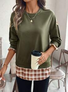 SHEIN LUNE Damen Herbst Patchwork Karomuster Rundhals Drop Shoulder Langarm Lässig Sweatshirt - Armeegrün - Übersicht 3
