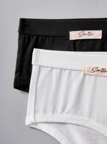 SHEIN 4 件套少女简约舒适字母装饰加垫运动文胸和比基尼三角裤透气内衣套装 - 黑與白 - 查看 3