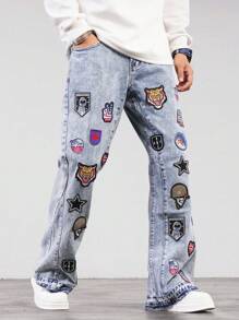 Chillumni Men's Front Button Pocket Simple Casual Denim Straight Flared Trousers - Medium Wash - View 4