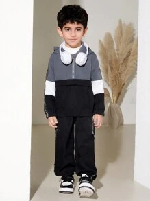 Set de 2 piezas chaqueta con capucha y pantalones de niño joven con contraste de color y cinta, atuendo casual de otoño