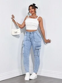 SHEIN ICON Y2K Washed Cargo Multi-Pockets Street Fashion Elastic Skinny Pants - Light Wash - View 6