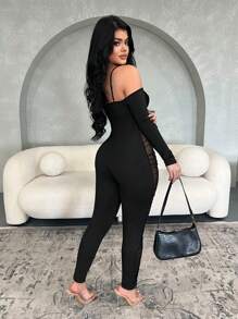 SHEIN SXY Women's Sheer Mesh Black Jumpsuit, Sexy Party Clubwear For Autumn/Winter - Black - View 2