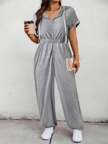 Calvaya Bộ đồ liền thân có mũ trùm đầu tay ngắn cánh dơi màu trơn cỡ lớn cho nữ - Xám - Xem 3