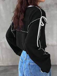 FRIFUL 女士圆领宽松撞色蝴蝶结T恤长袖女上衣，秋季女装 - 黑色 - 查看 5