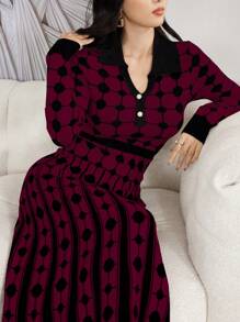 Modelyn Women's Elegant Oversized Pattern V-Collar Flared Maxi Sweater Dress - Burgundy - View 7