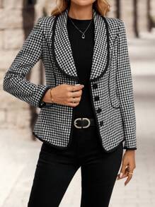 EMERY ROSE Black And White Checkered Cinched Waist Jacket Professional Clothes