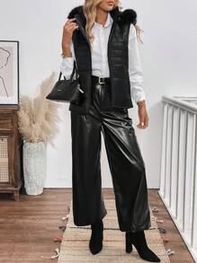 SHEIN LUNE Winter Jacket , Hooded PU Vest With Removable Hood Black Jacket