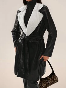 SHEIN SXY F秋冬女式长款外套休闲保暖 PU 毛绒内衬长袖口袋夹克（配腰带）；所有女装；黑色皮夹克；女式长款外套 - 黑色 - 查看 7