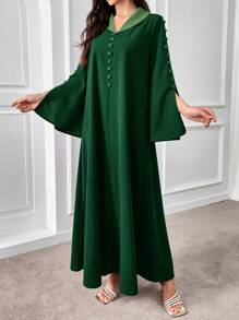 Al Najma Đầm Ả Rập thanh lịch dài tay rộng rãi trang trí nút màu xanh lá cây cho nữ - màu xanh lá - Xem 4