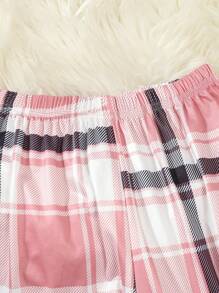 女孩青少年秋季罗纹下摆设计舒适休闲长袖上衣和宽松简约格子裤 2 件套家居服套装 - 粉色 - 查看 4