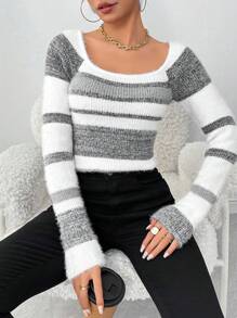 Calvaya Jersey de cuello redondo de estilo minimalista a rayas, para uso diario, con mangas largas