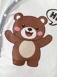 2pcs Newborn Baby Boy Cute Bear Striped Print Long Sleeve Jumpsuit, Suitable For Spring, Autumn & Winter - Grey - View 3