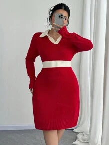 Celure Plus Size Women Fitted Contrast Color Collared Split Sweater Dress, Autumn/Winter For New Year Clothes
