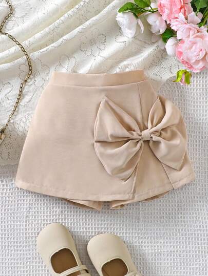 SHEIN 年轻女孩纯色大蝴蝶装饰松紧腰短裤，度假，夏季，旅行