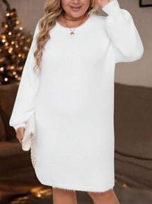 SHEIN LUNE Plus Size Casual Drop Shoulder Crew Neck Long Sleeve Sweater Dress, For Winter