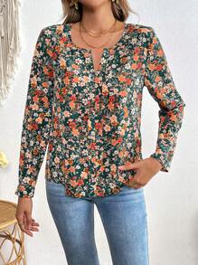 SHEIN VCAY Blusa de manga larga, suelta y de gasa con estampado floral para vacaciones para mujeres
