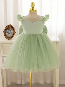 Glamorique Kids 圣诞小女孩派对礼服、圣诞老人礼服、新年礼服 - 薄荷绿网纱蓬蓬裙，白色荷叶袖，蝴蝶结露背，缎面面料，适合圣诞节、万圣节、婚礼、钢琴演奏会、舞台表演等场合。 - 綠色 - 查看 2