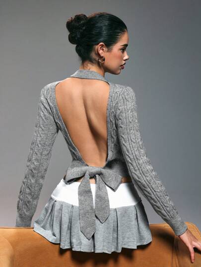 Zolique Nuevo suéter de punto gris con espalda descubierta y lazo para mujer, sexy y casual con diseño de espalda calada y lazo, cuello redondo de manga larga, suéter de punto para mujer en otoño/invierno, Año Nuevo, fiesta de club de vacaciones