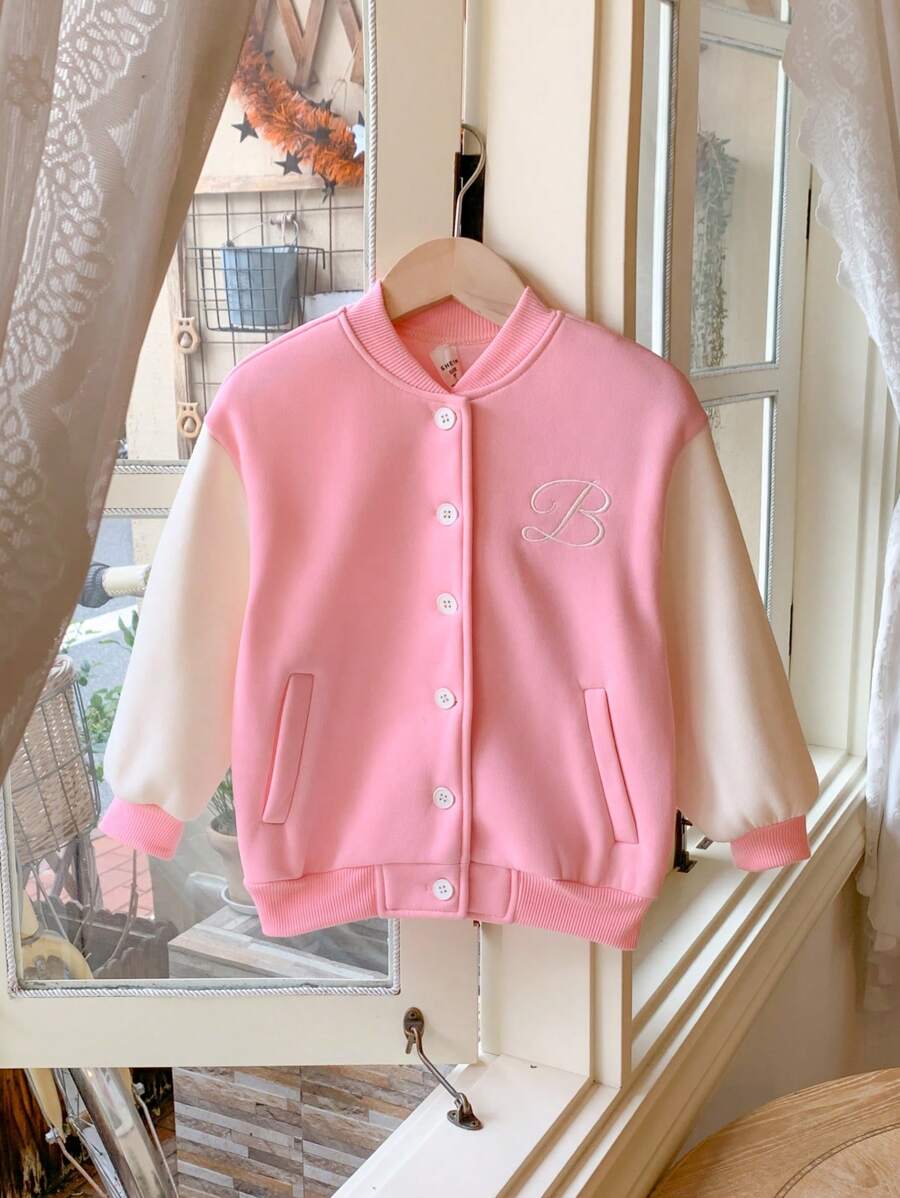 Blossori 年轻女孩粉色和白色对比字母刺绣正面纽扣开衫，校园风格，秋冬 - 彩色 - 查看 1