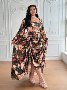 Lyrianda Plus Size Square Collar Floral Oil Painting Print Long Sleeve Drawstring Ruched Vintage Elegant Palace Style Maxi A-Line Dress For Party & Occasion