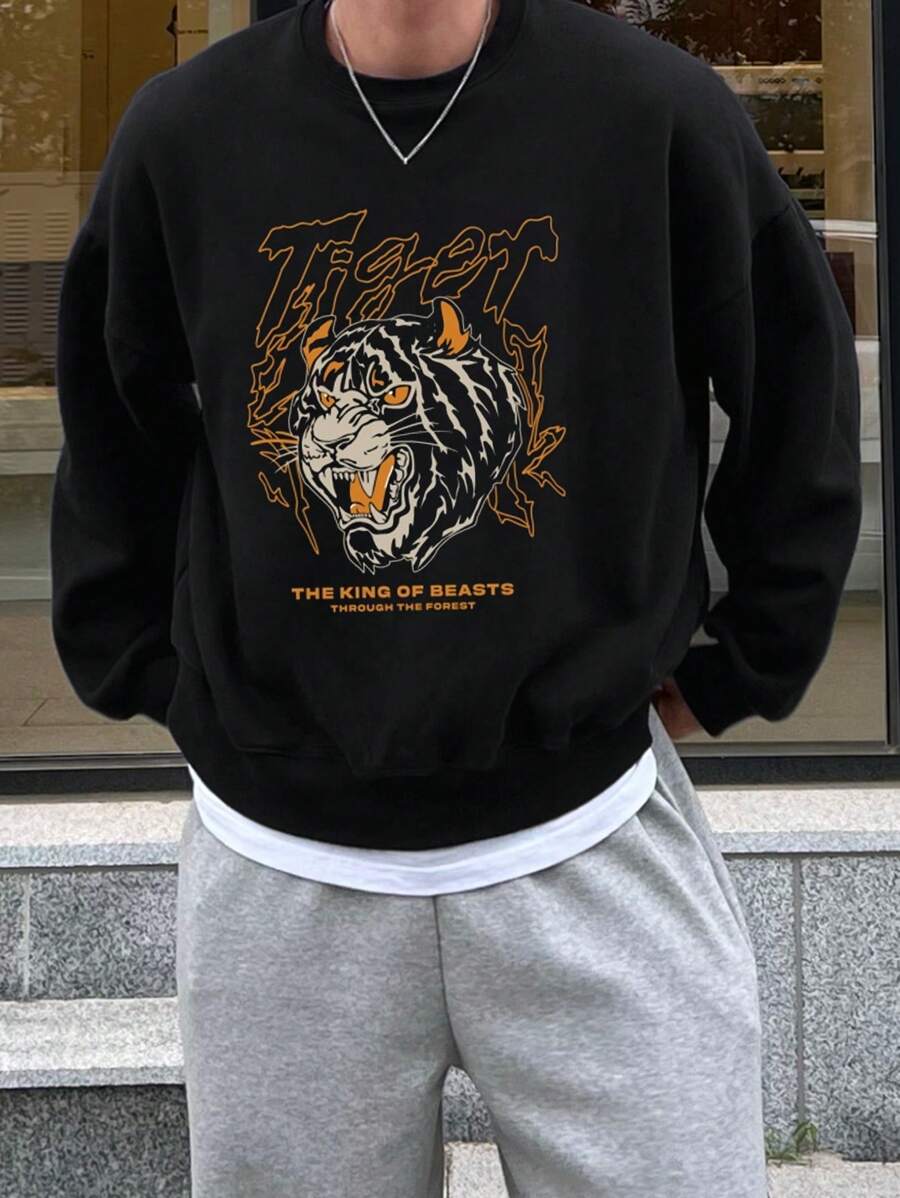 DAZY 男士休闲老虎徽标印花圆领长袖宽松运动衫，秋季 - 黑色 - 查看 1