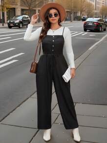 SHEIN LUNE Plus Size Women Button Design Loose Jumpsuit, Casual And Versatile, Autumn Winter Clothes For Office WearNew Vears Women Outfit Holiday Outfit