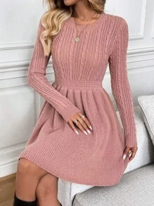 SHEIN LUNE 圆领粗针织 A 字中长连衣裙，休闲通勤优雅街头服饰，女士温暖冬季毛衣连衣裙 - 藕粉色 - 查看 5