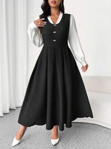 Flirla 全新优雅甜美简约黑色纹理面料拼布泡泡袖复古女式连衣裙，春秋季