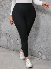 SHEIN LUNE Casual Plus Size Black Ribbed Leggings, Suitable For Autumn/Winter High Waist Leggings Plus Size Leggings Black Leggings Tights Plus Size Yoga Pants Plus Size Ribbed Leggings Plus Size - Black - View 6