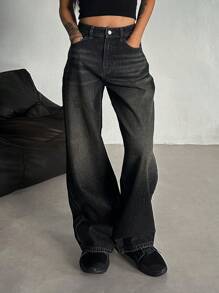 DAZY 女士喇叭形做旧直筒牛仔裤 - 深灰色 - 查看 2