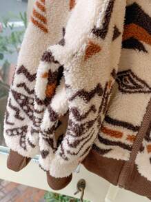 Blossori Young Boys Elegant French Style Khaki Loose Geometric Print Zip Up Jacket, Autumn/Winter - Multicolor - View 6