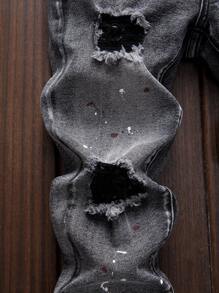 SHEIN Boys Black Ripped Paint Splatter Stretchy Slim Fit Denim Jeans - Light Grey - View 4