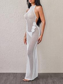 Swim Chiccia Vestido sin espalda de ganchillo con estampado floral, elegante