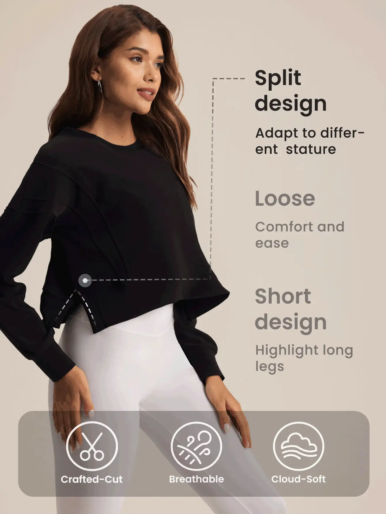 Lifespree Round Neck Side Slit Design Sport Sweatshirt - Black - View 3